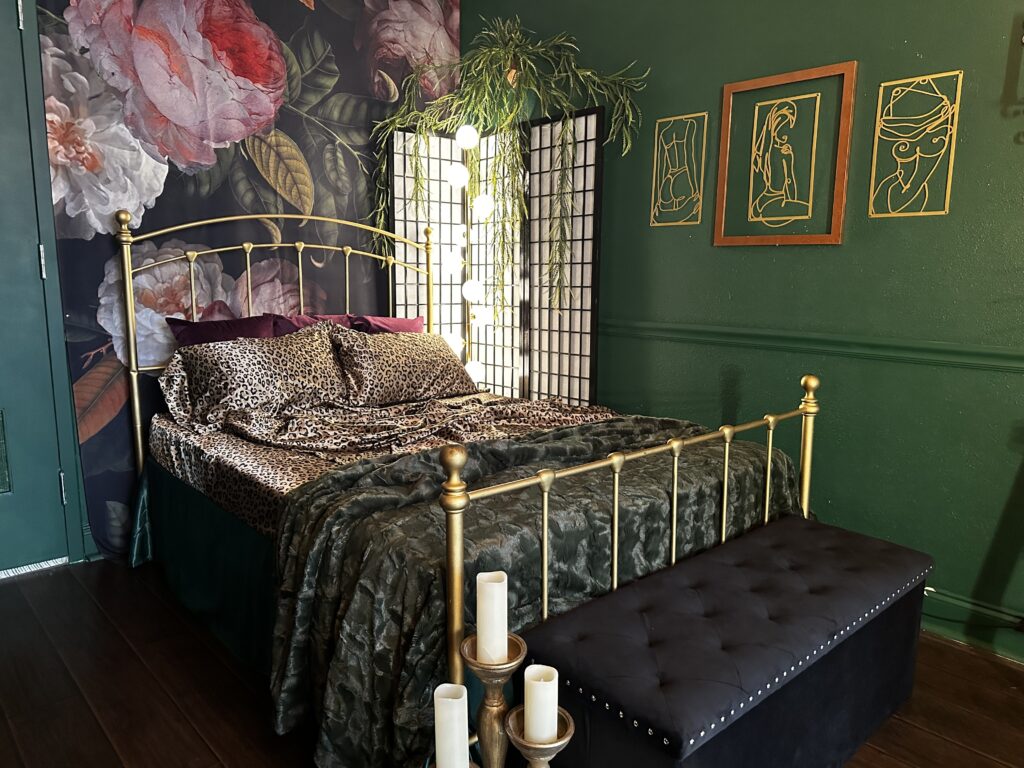 Dallas Fort Worth Denton Texas boudoir studio antique bed fram with leopard print satin sheets dramatic lighting